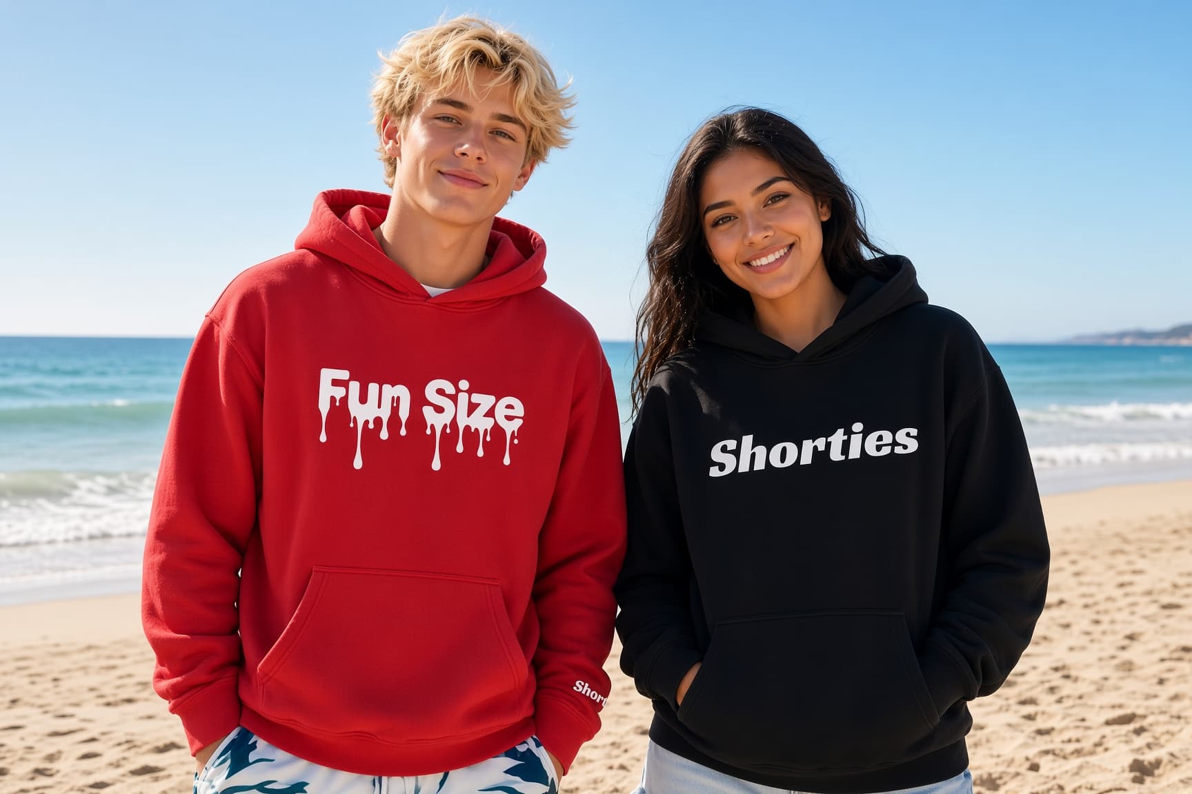 Two people in Shorties hoodies, one red and one black, standing on a beach