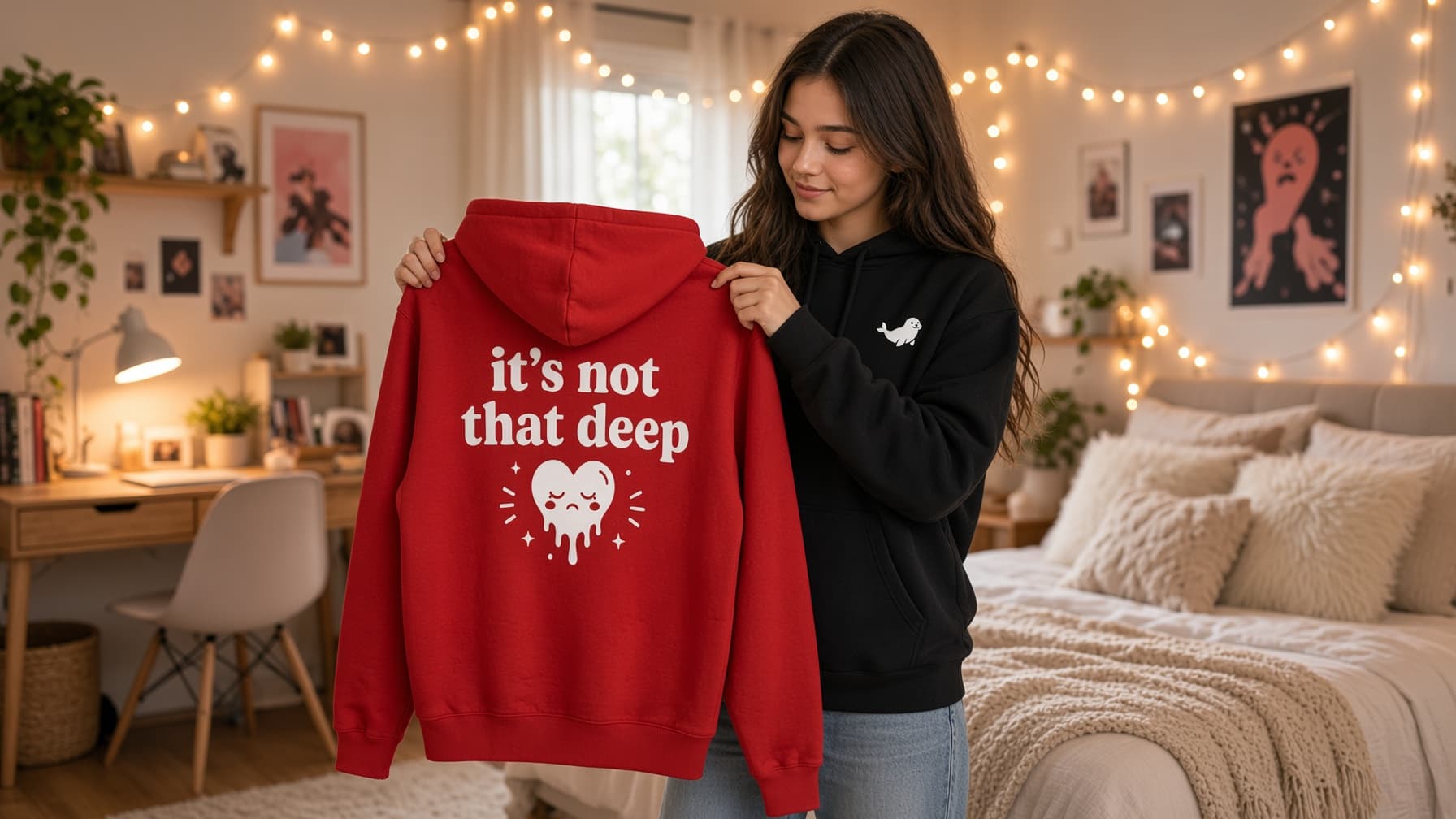 A woman in a black hoodie holding up a red Shorties "it's not that deep" hoodie in her bedroom